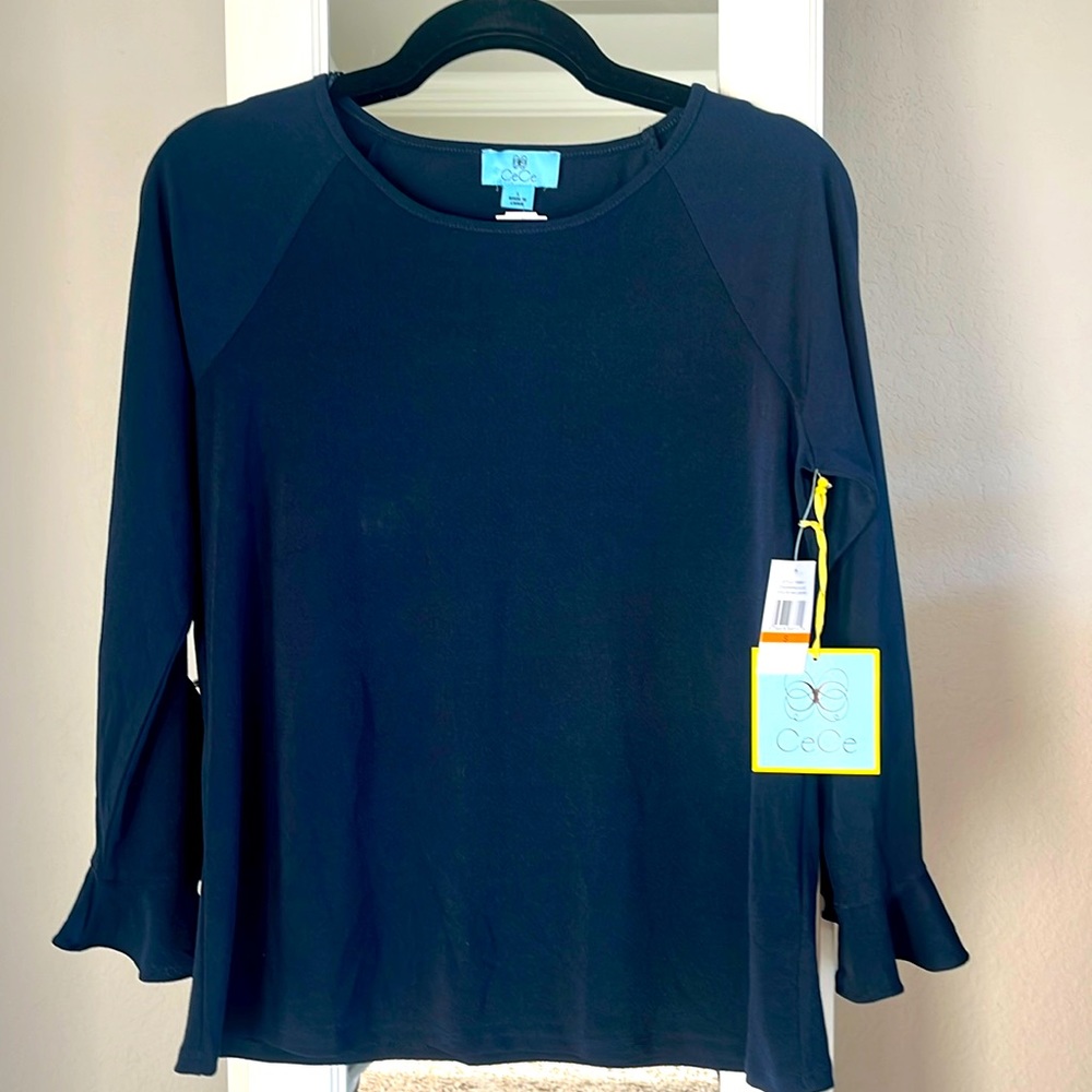Navy blue ruffle sleeve top, small